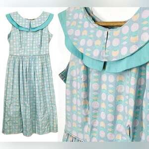 Vintage 50s 60s Pastel Polka Dot Dress Medium Peter Pan Collar Deadstock Teal